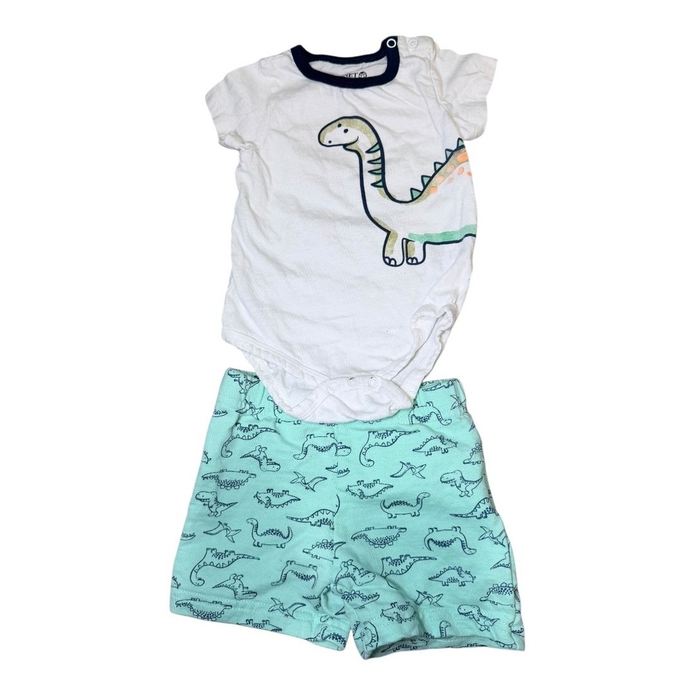 Free Planet Bodysuit‎ & Shorts Set Kids 6/9M Dinosaur Print Mint Green White 2pc